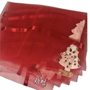 Vintage Hand Made Christmas Tablecloth Topper Red Net Felt Sequins 62x97 Kitsch